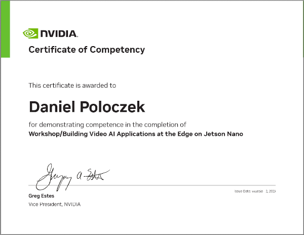 NVIDIA DLI Certificate – Building Video AI Applications at the Edge on Jetson Nano
